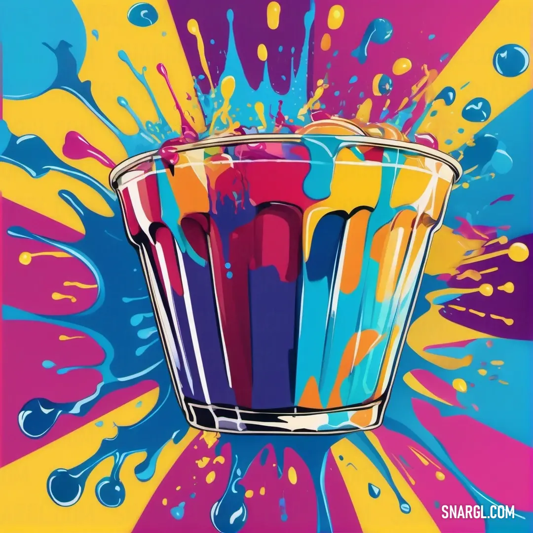 Colorful glass with liquid pouring out of it on a colorful background. Color #00ADD7.
