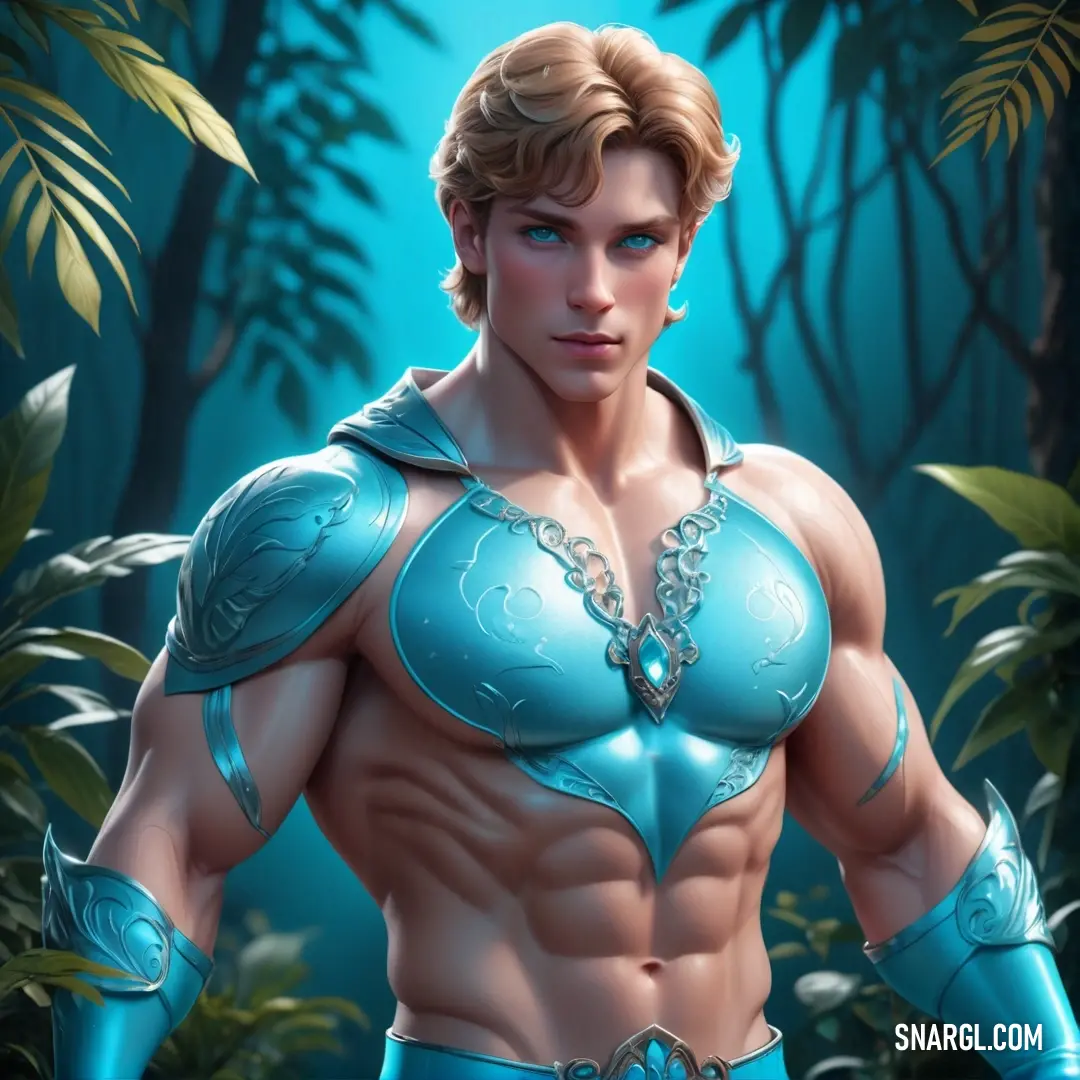 Man in a blue costume standing in a forest with his hands on his hips and his shirt open. Example of RGB 0,173,215 color.