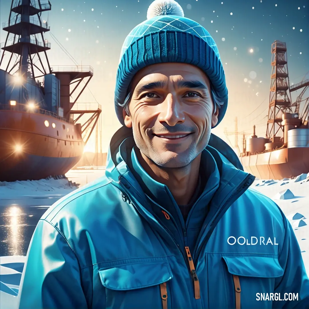 Man in a blue jacket and a blue hat standing in front of a ship in the water with a snowy landscape. Color CMYK 86,0,9,0.