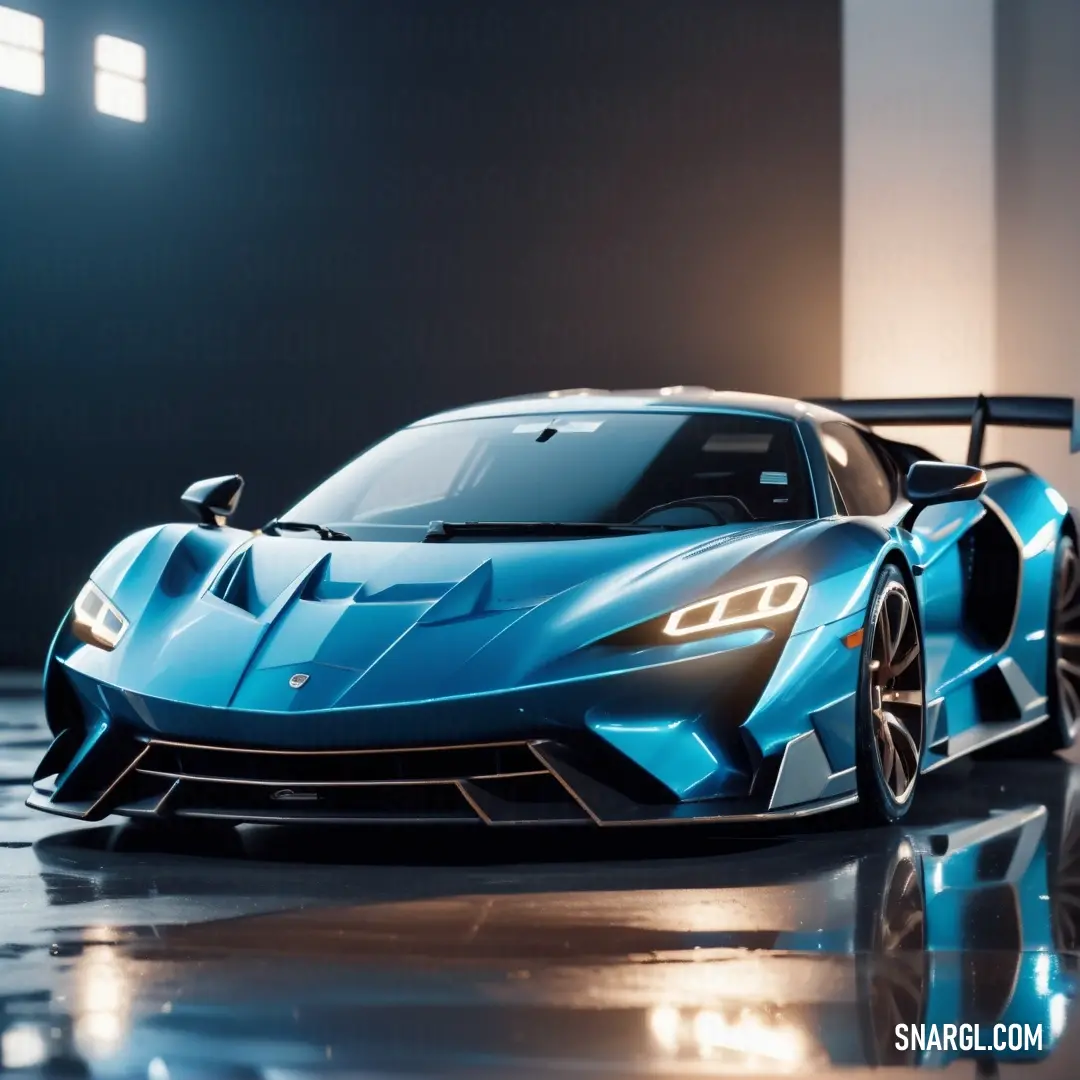 Blue sports car parked in a garage with a bright light on it's side and a black floor. Color PANTONE 639.