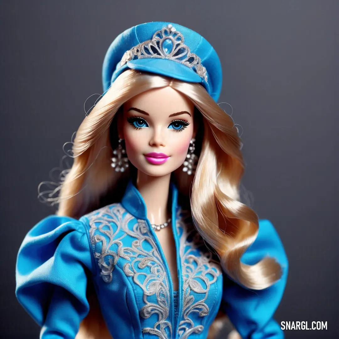 Cute doll wearing a blue dress and tiara with a diamond necklace and earrings on her head and a blue dress with a blue satin cape