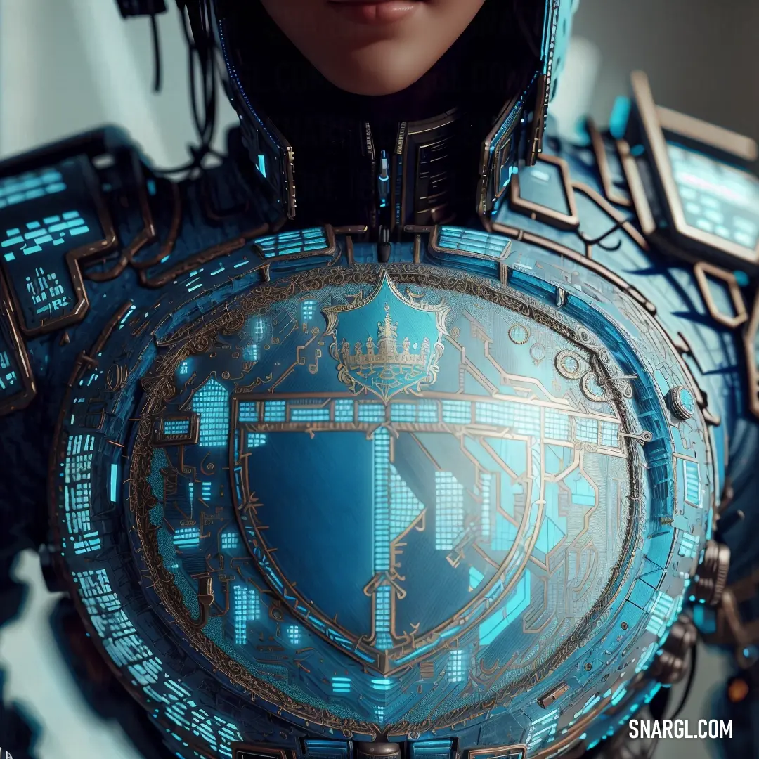 Futuristic woman holding a blue clock in her hands and a futuristic helmet on her head and shoulders. Color PANTONE 639.