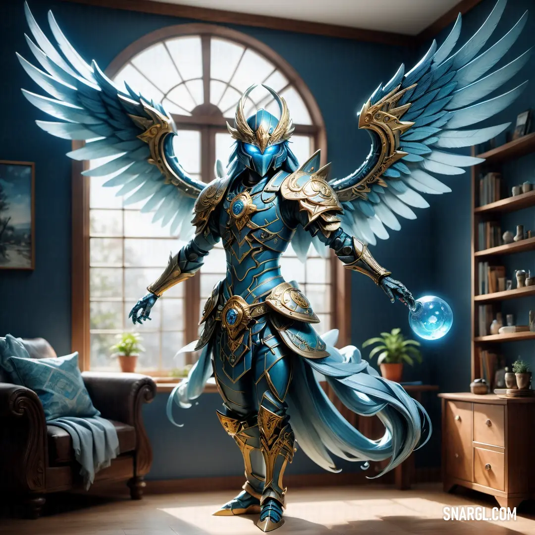 Woman dressed in a blue and gold outfit with wings and a halo around her neck and arms. Color CMYK 99,1,5,5.