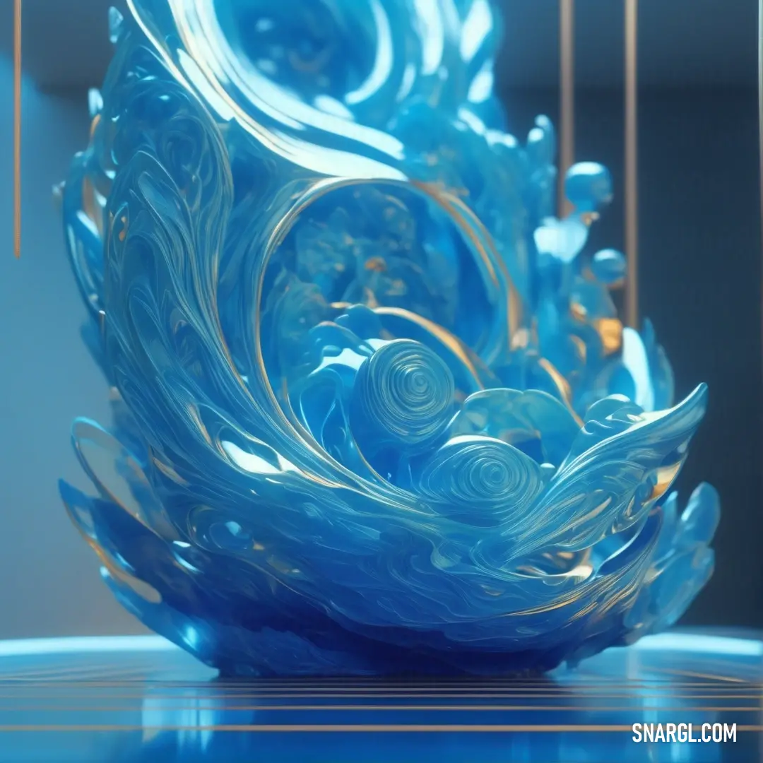 PANTONE 640 color. Blue glass sculpture on top of a table next to a window with a curtain in it's center