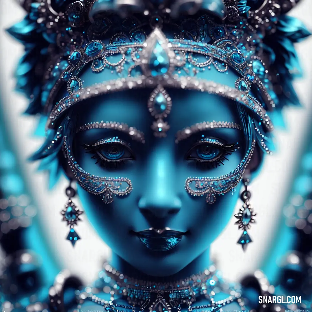 Blue woman with a tiara and jewels on her head and face, with a white background. Color PANTONE 640.