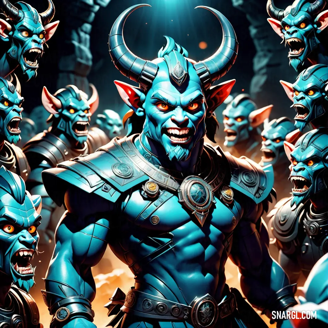 PANTONE 640 color example: Group of demonic men with horns and horns on their heads