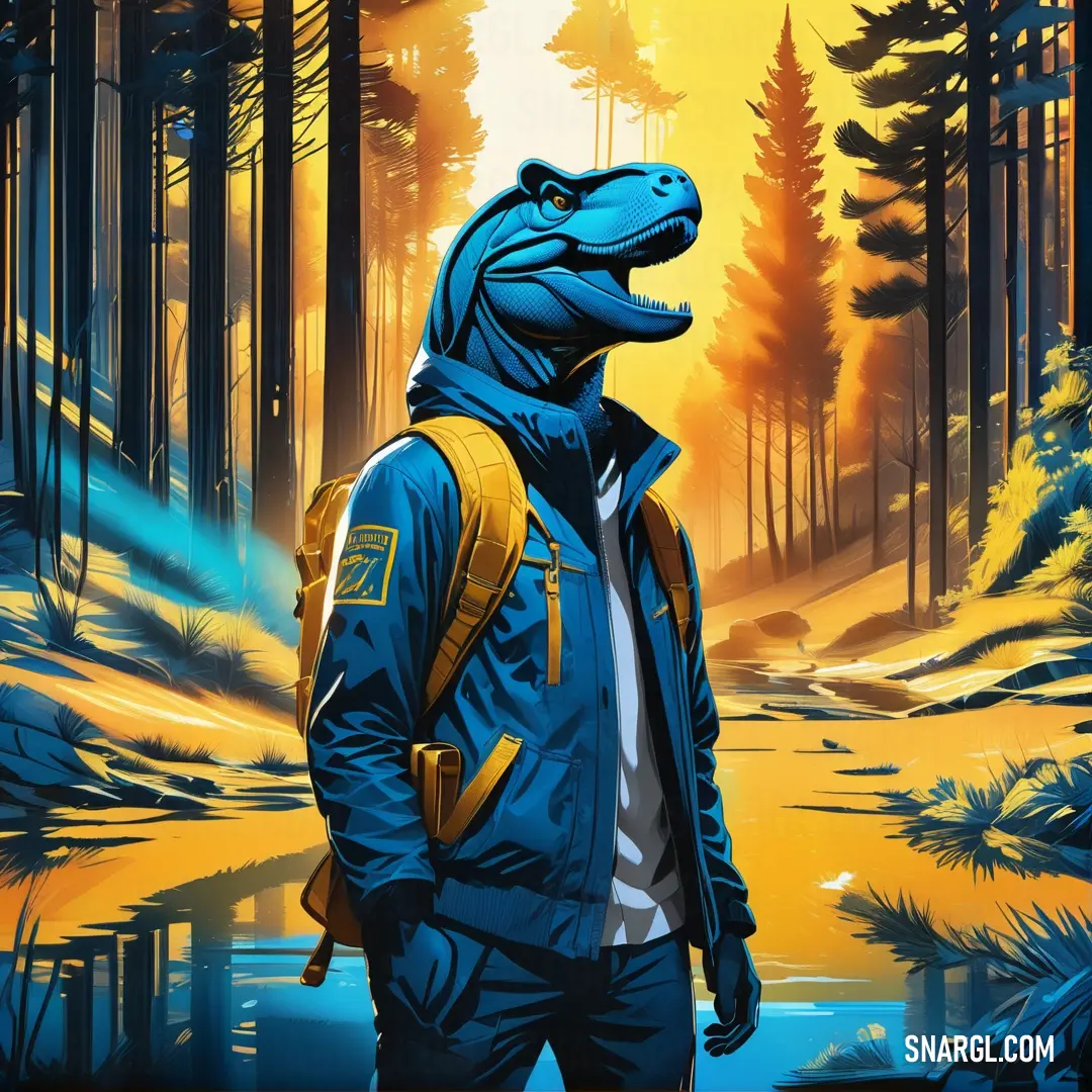 Man in a blue jacket and backpack standing in front of a forest with a dinosaur on his back. Color #0085BE.