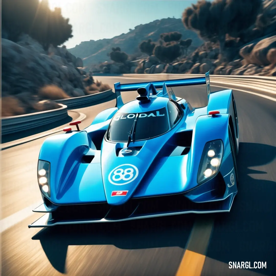 Blue race car driving down a road with mountains in the background and a sun shining on the side. Example of #0077B5 color.