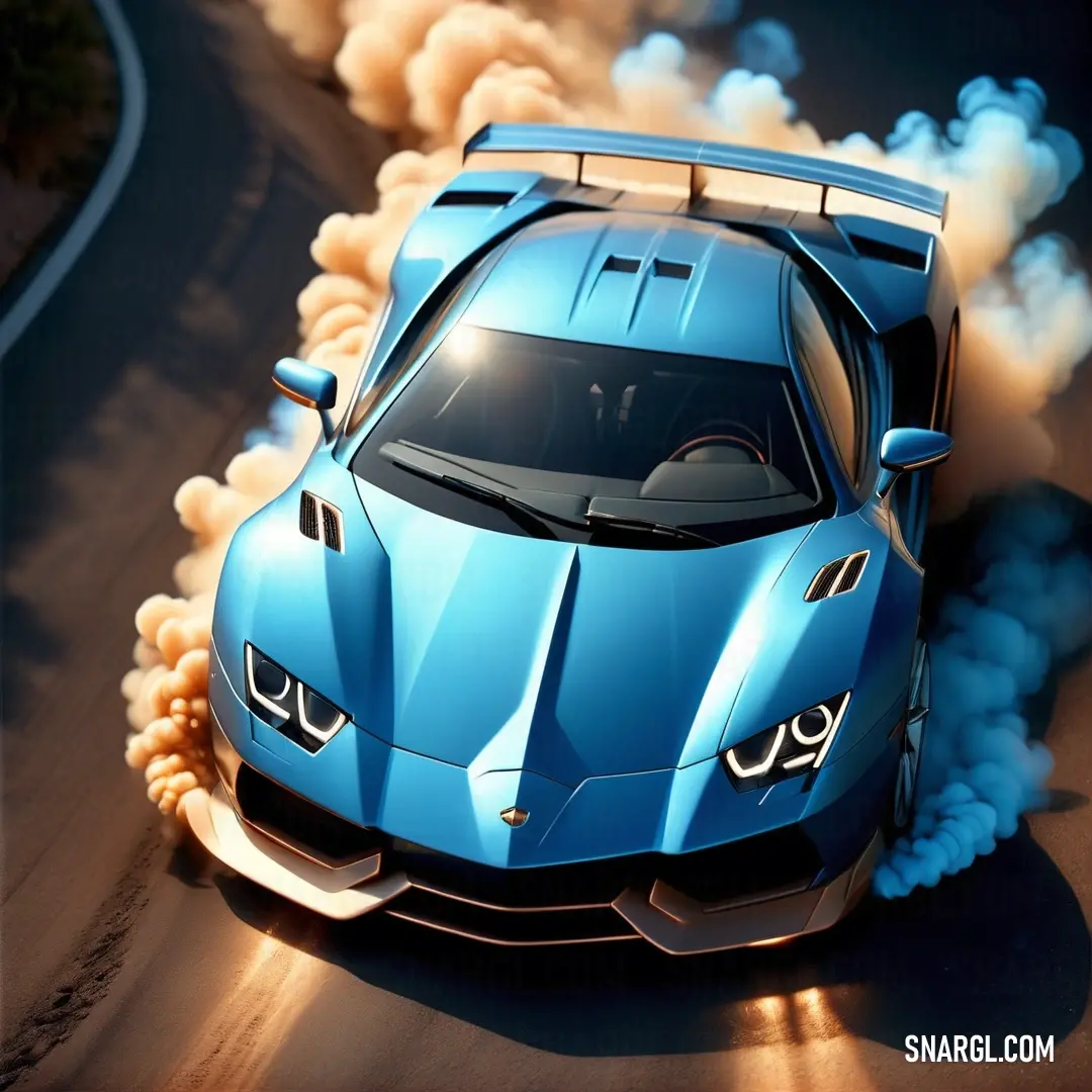 Blue sports car driving down a road with smoke coming out of it's hoods and hoods. Color RGB 0,119,181.
