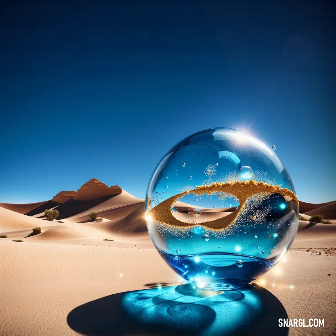 Glass ball with a wave inside of it in the desert with sand dunes and a blue sky in the background. Color #0077B5.