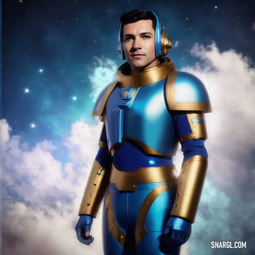 Man in a blue and gold suit standing in the clouds with his hands on his hips and his head tilted. Example of RGB 0,119,181 color.