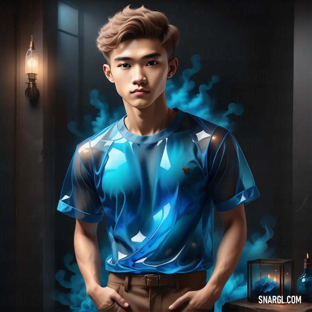 Man in a blue shirt standing in a room with a blue smoke background and a lantern on the wall. Color PANTONE 641.