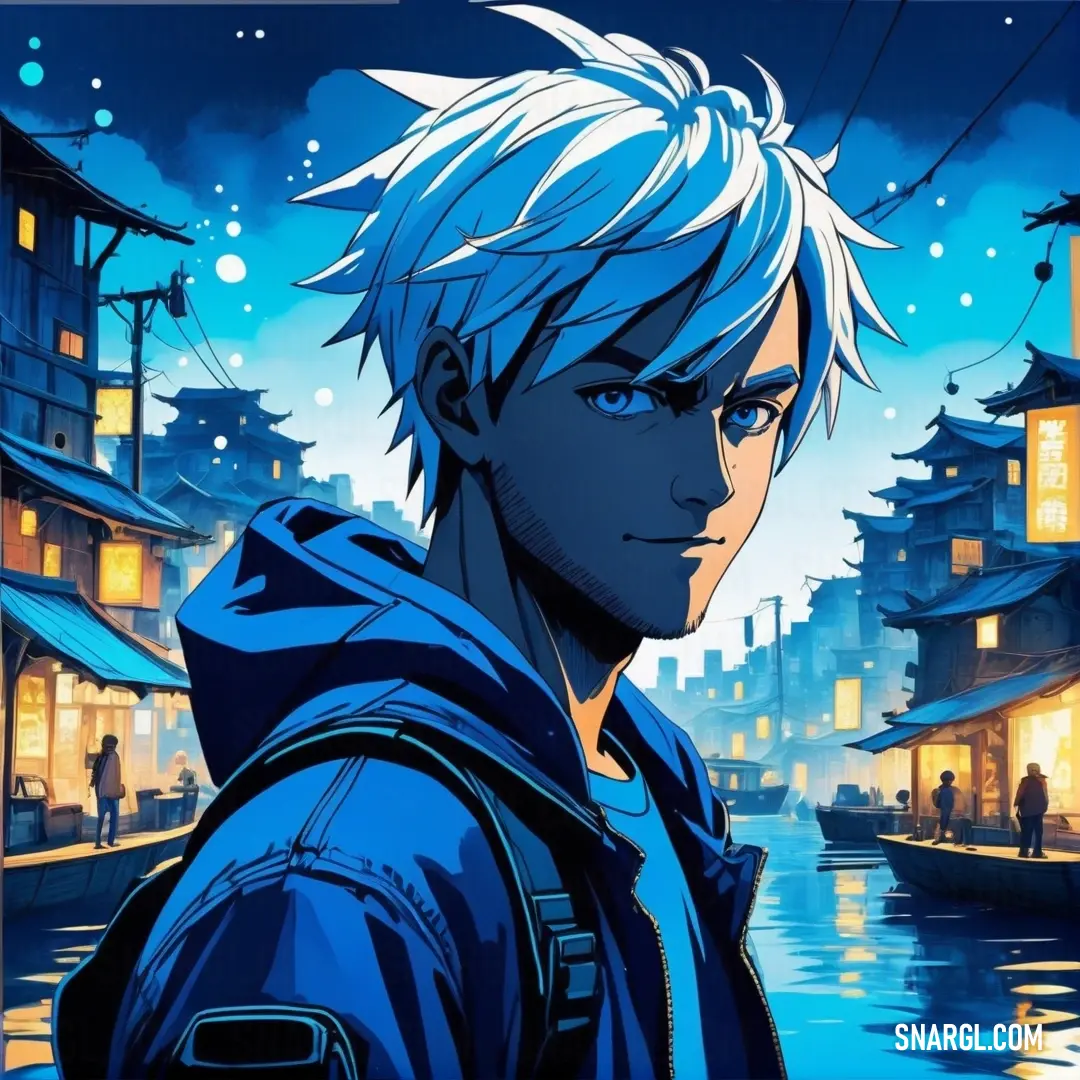 Man with white hair and a blue jacket standing in front of a city at night with a boat in the water. Color #0077B5.