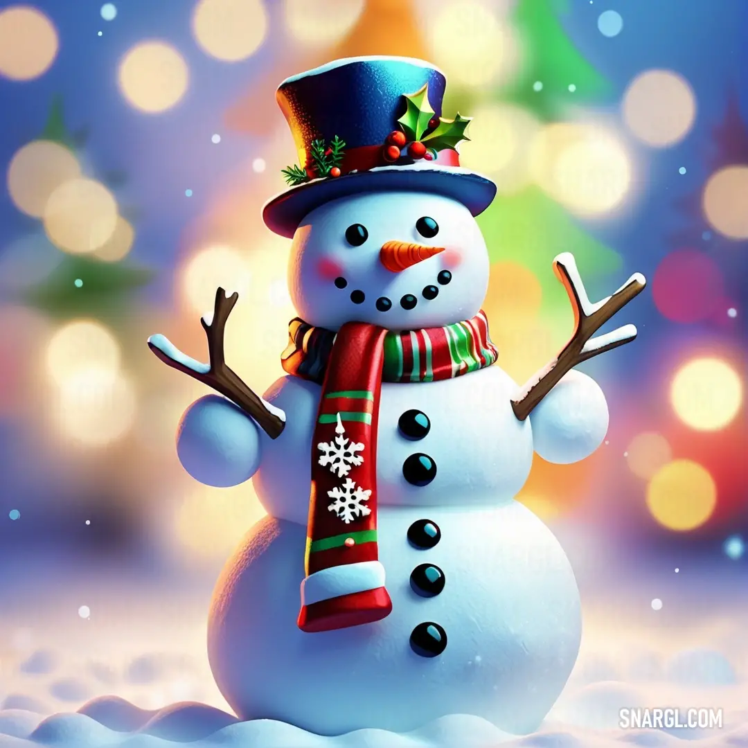 Snowman with a hat and scarf on in the snow with a christmas tree in the background. Color CMYK 42,10,2,6.