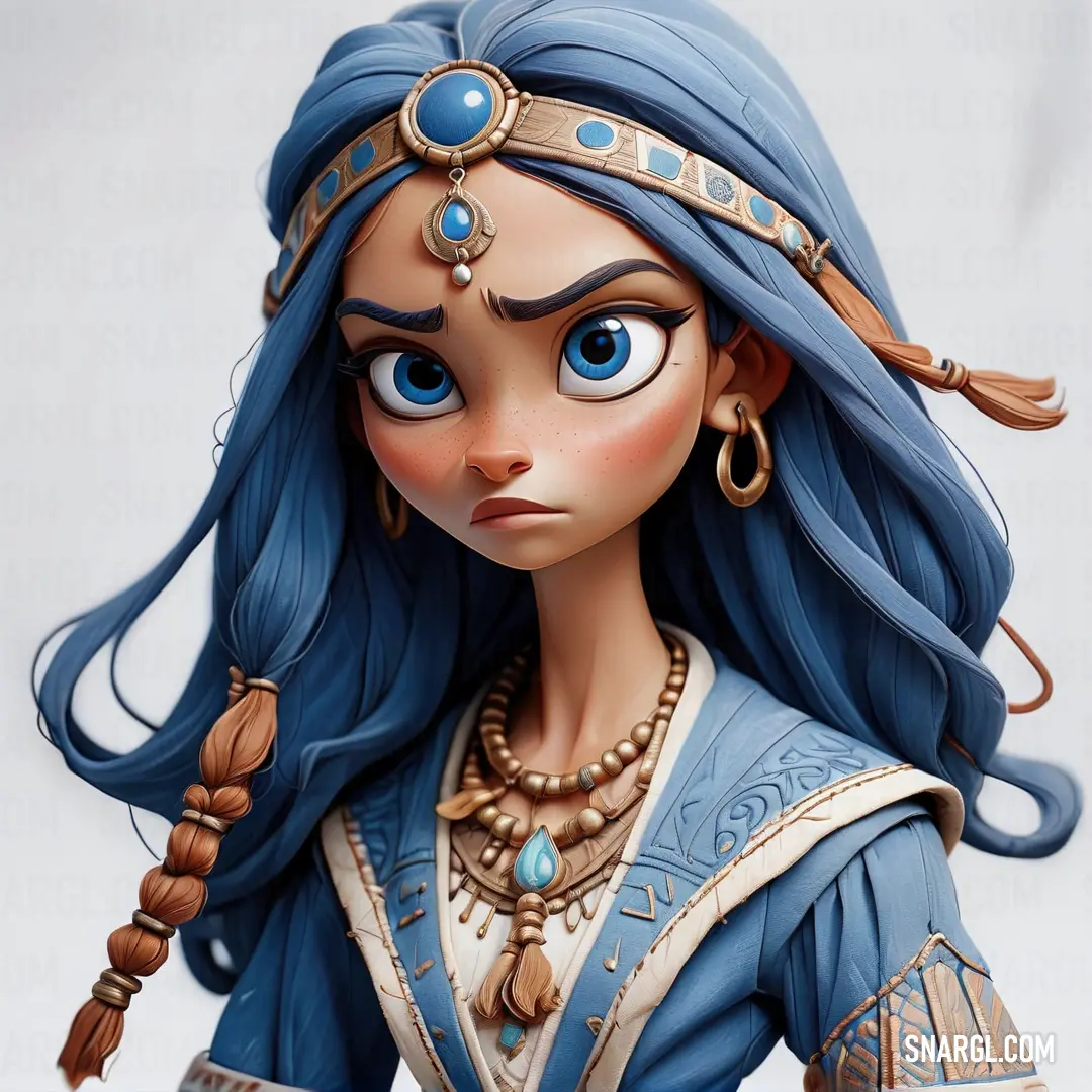 Cartoon character with blue hair and a blue dress and a necklace on her head and a blue dress with gold accents