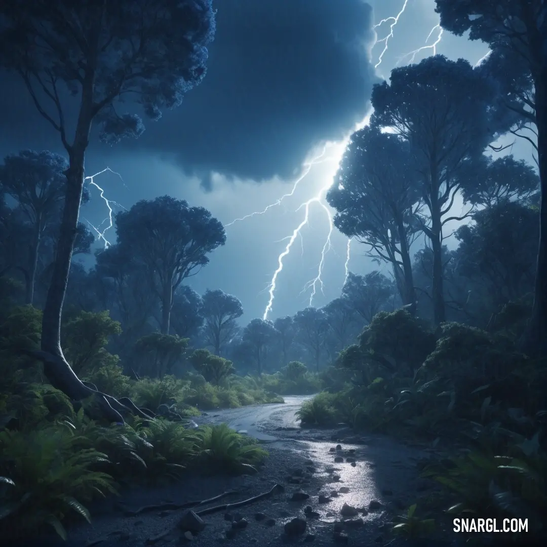 Dark forest with a path leading to a lightning storm in the sky above it and a path leading to a forest with trees