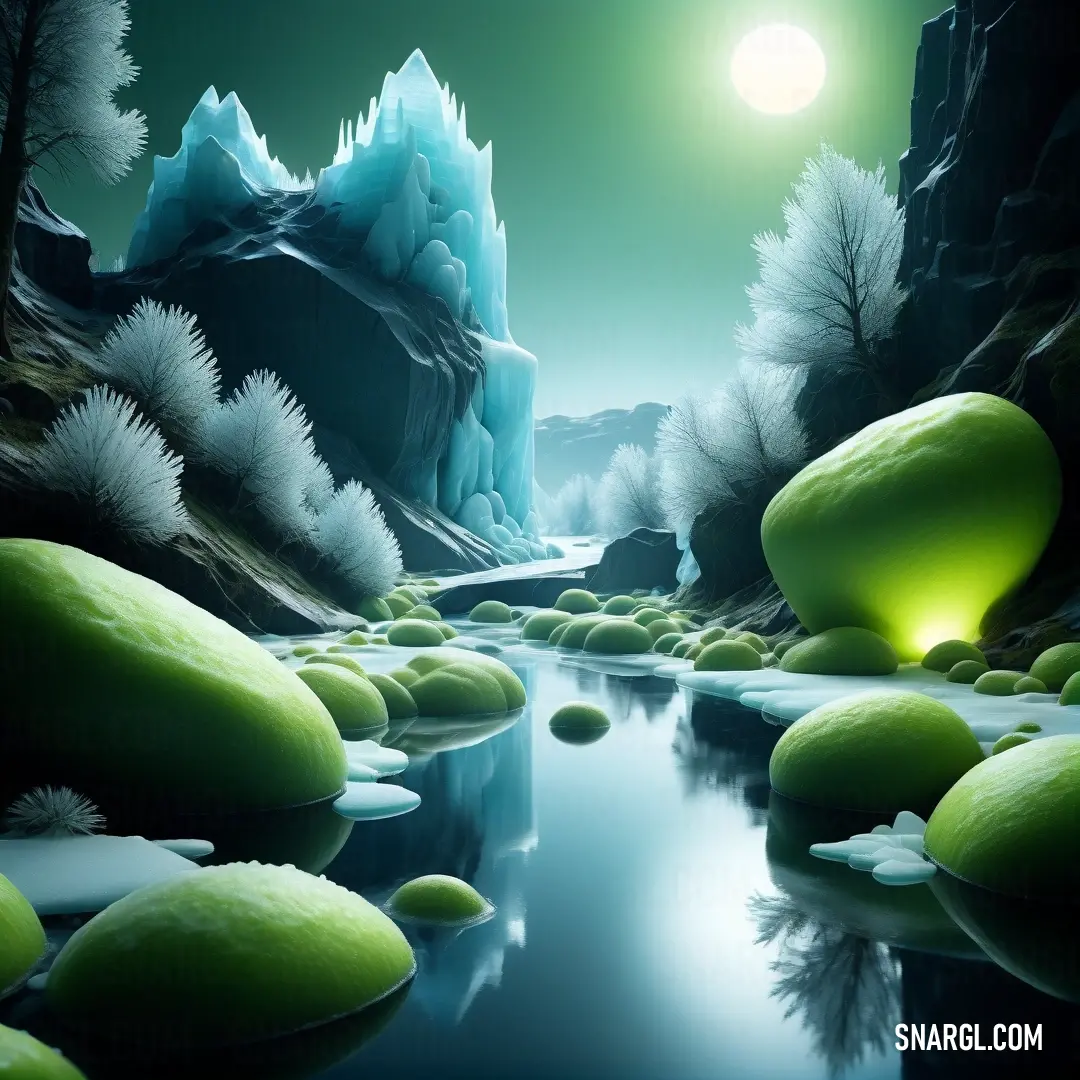 Painting of a river surrounded by ice and grass with a full moon in the background. Color #79A0C6.