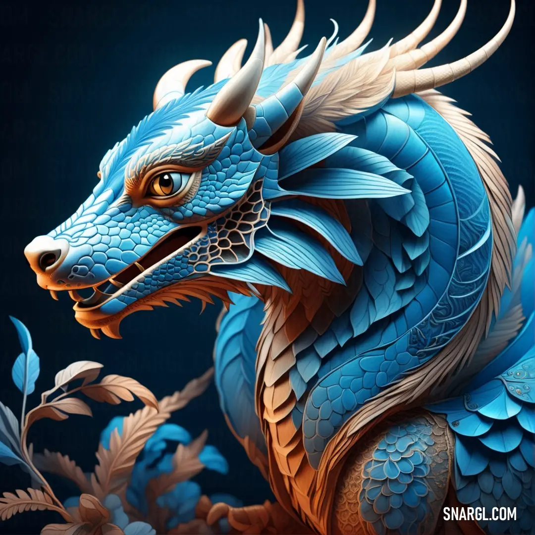 Blue dragon with horns and wings on its head and tail. Color CMYK 72,31,3,12.