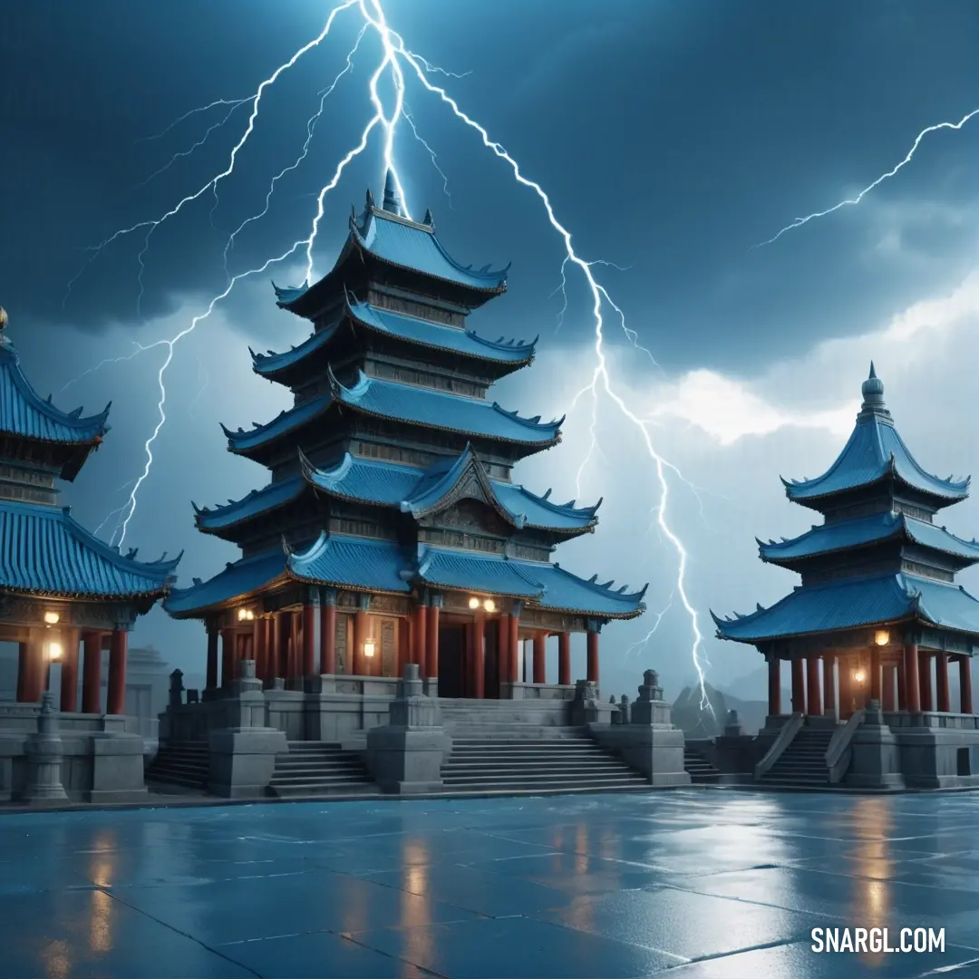 Lightning strikes behind a chinese temple in the rain with a lightning bolt in the sky above it and a building with a pagoda on the ground