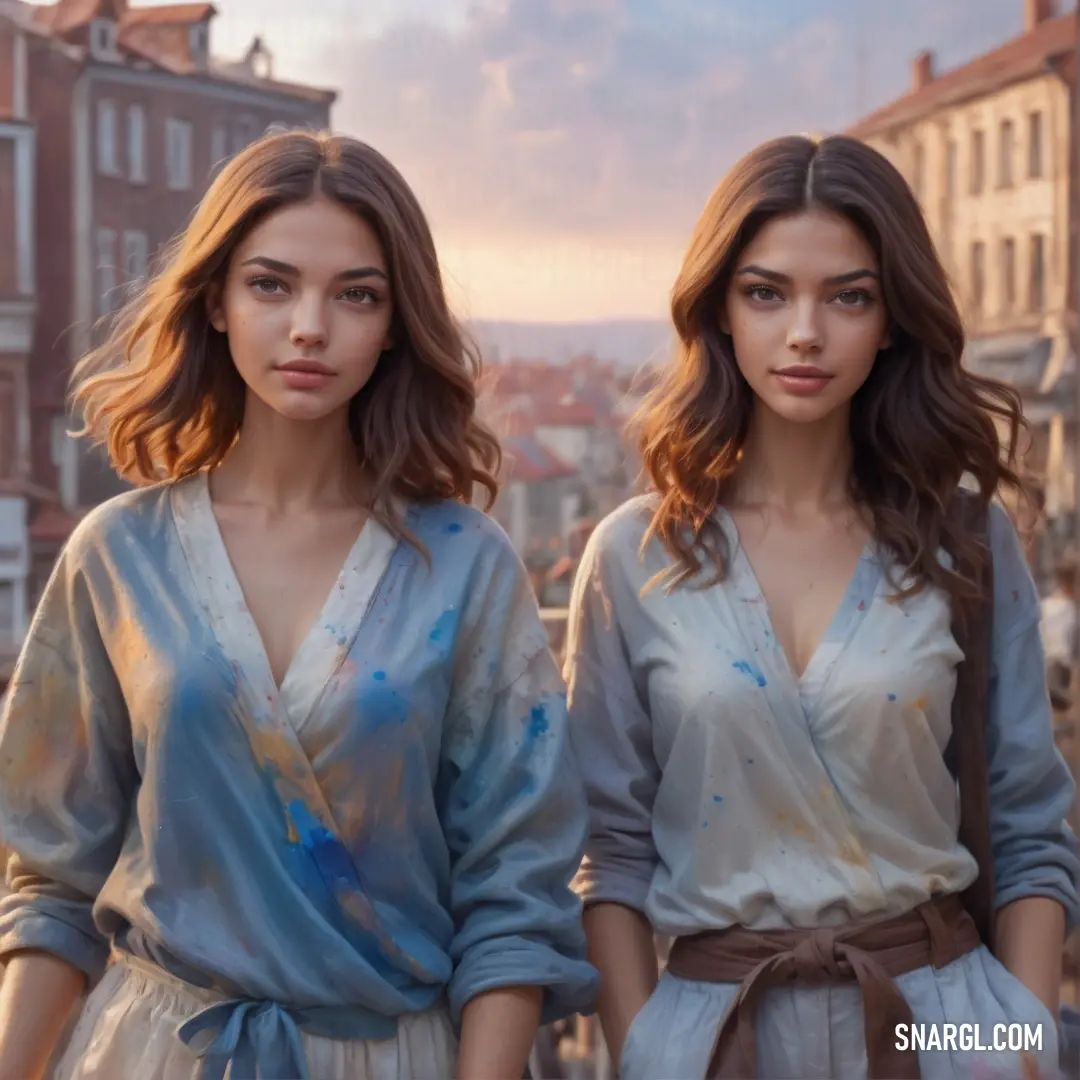 Two women standing next to each other in front of a cityscape with buildings and a sky background. Color CMYK 72,31,3,12.