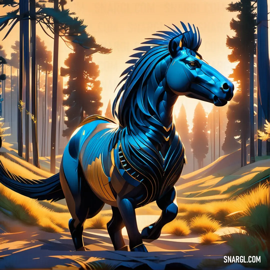 Blue horse is running through a forest at sunset or dawn, with trees and grass in the background. Color #0D5B90.