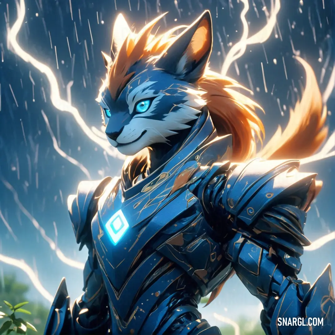 Character from the video game overwatch standing in the rain with a glowing blue lightening behind her. Color RGB 13,91,144.