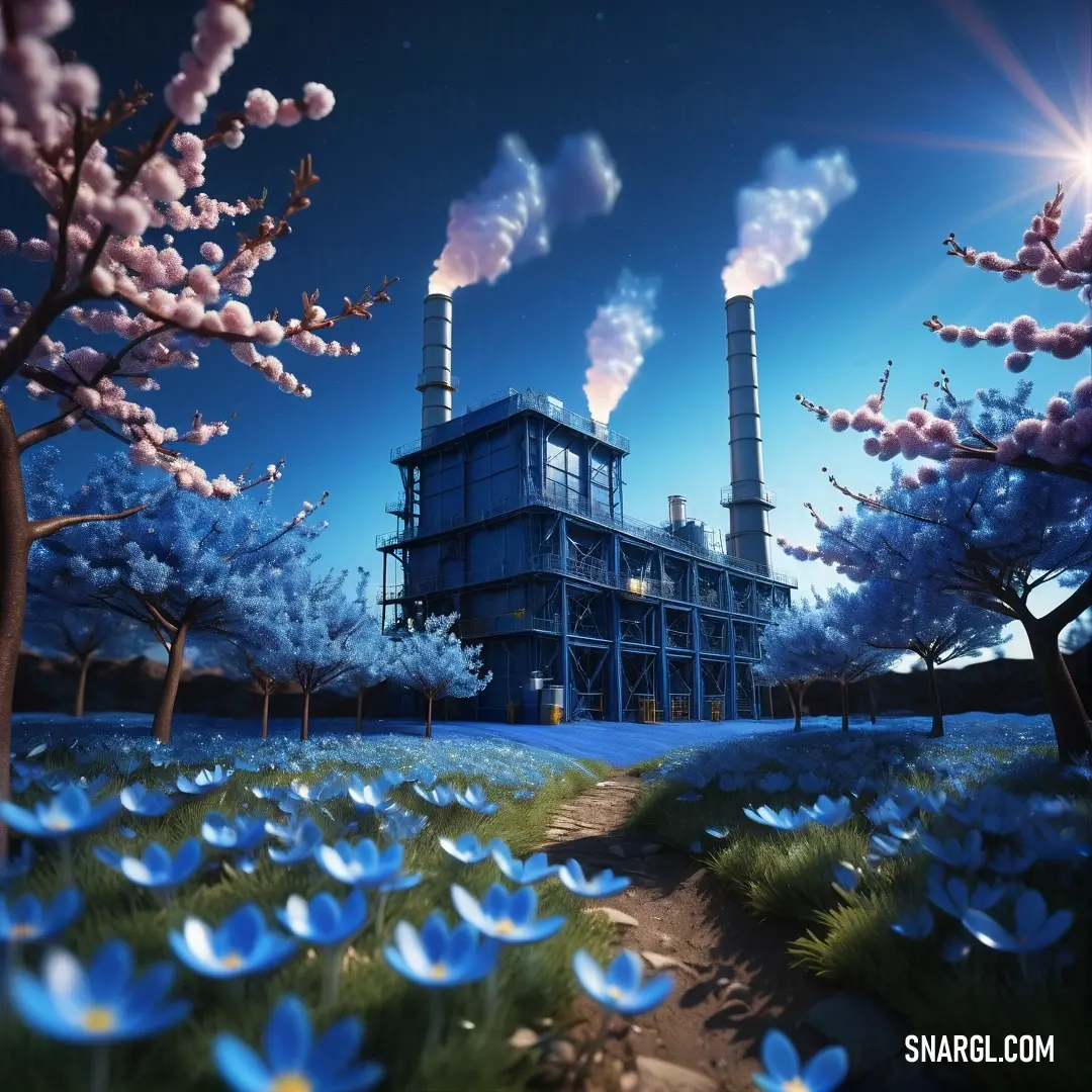 Factory with a lot of smoke coming out of it's stacks and flowers in front of it. Example of CMYK 100,71,9,56 color.