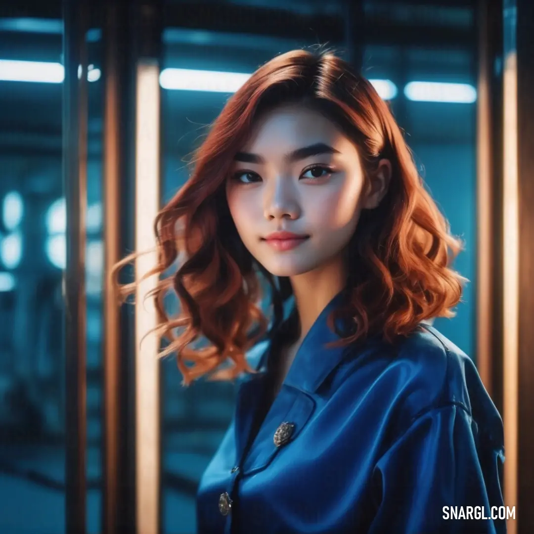 PANTONE 648 color. Woman with red hair standing in front of a glass wall with a light shining on her face and a blue shirt on