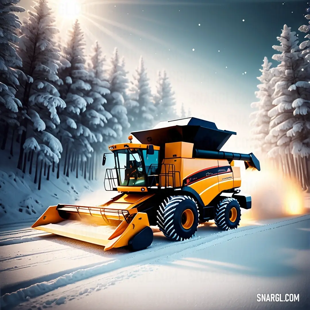 Large yellow tractor driving through a snow covered forest at night with a bright light shining on the trees. Color CMYK 10,3,1,0.