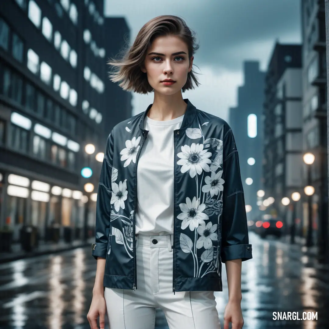 Woman standing in the rain in a black and white jacket with flowers on it and a city street behind her. Color RGB 222,229,237.