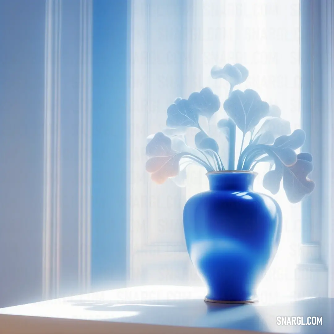 Blue vase with flowers in it on a table next to a window sill with a blue curtain. Color PANTONE 651.
