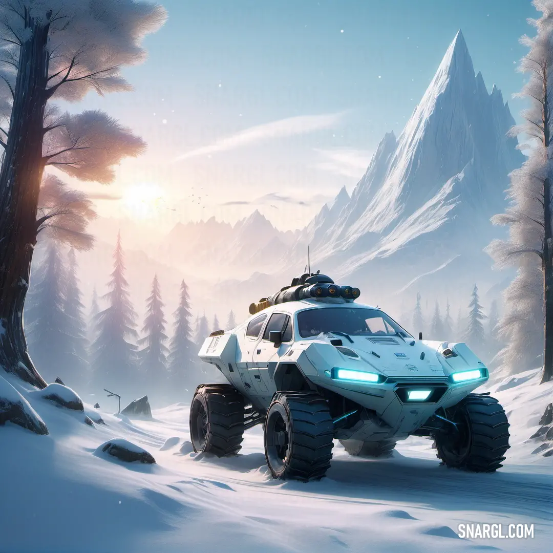 Futuristic vehicle driving through a snowy forest area with mountains in the background. Color #A3BAD8.