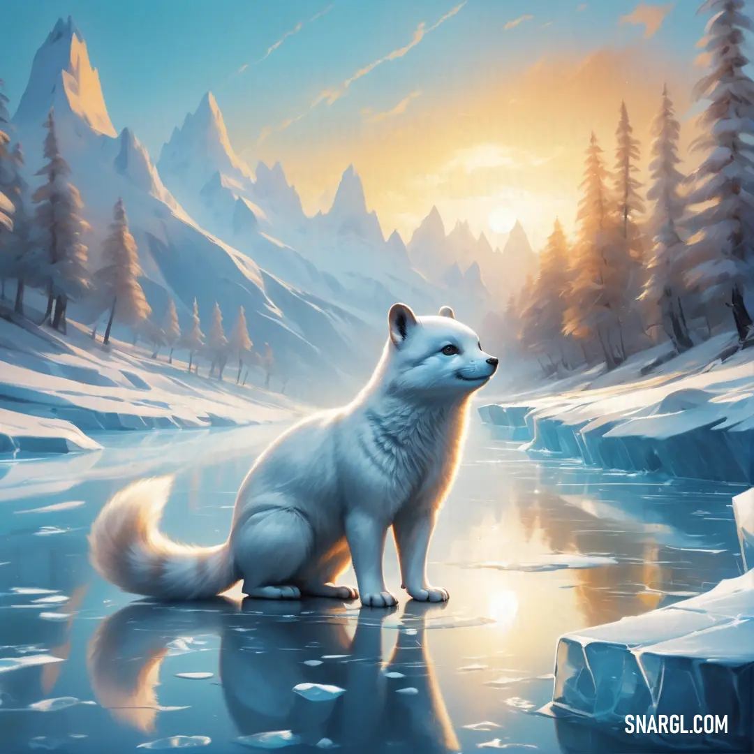 White wolf on a frozen lake in the snow with a sunset in the background. Color #A3BAD8.