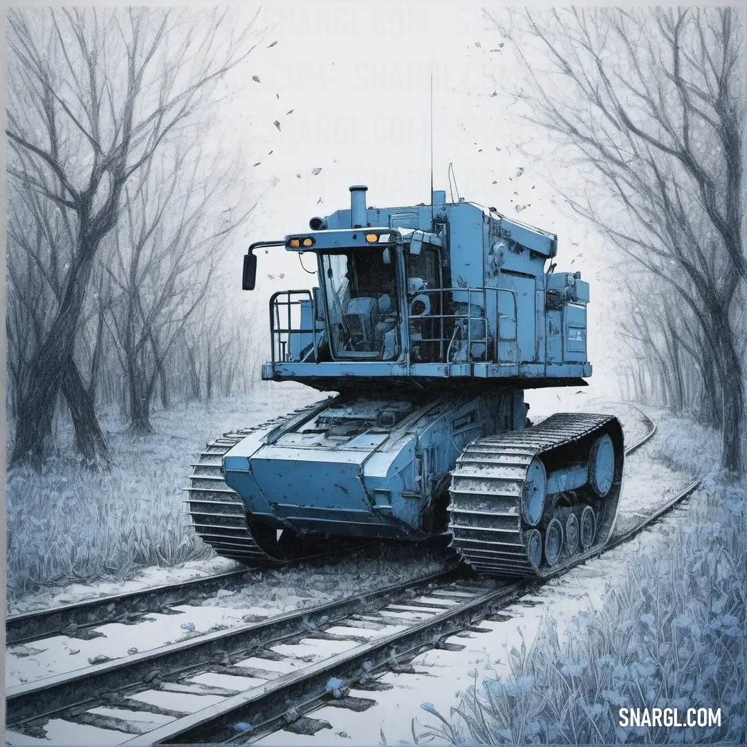Painting of a blue tractor on a train track in the snow with trees in the background and birds flying overhead