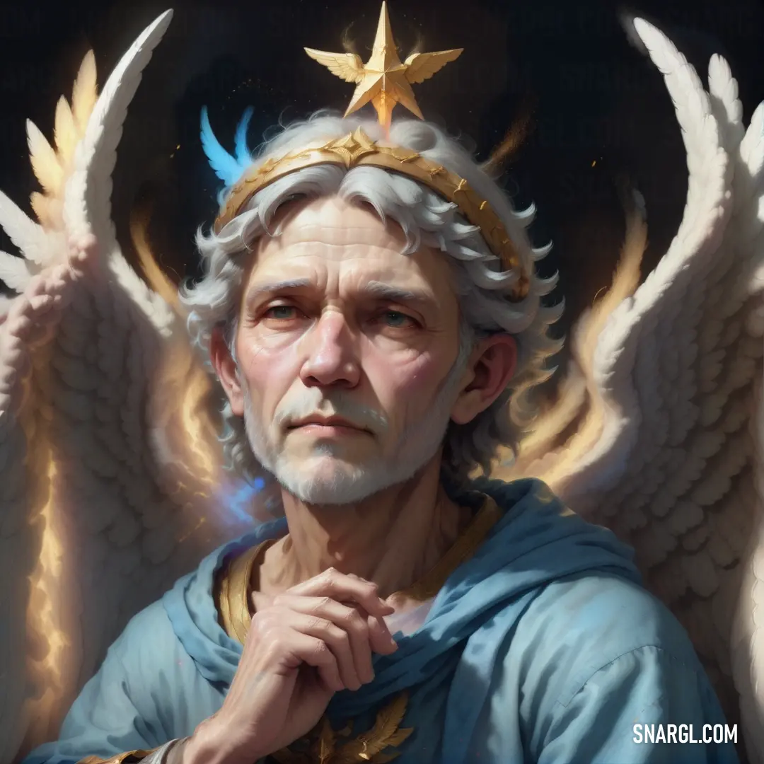 PANTONE 652 color. Painting of a man with angel wings and a star on his head