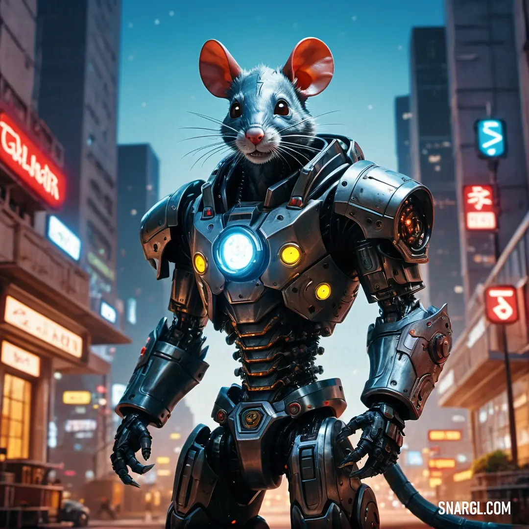 PANTONE 652 color. Rat in a futuristic city with a light on its head