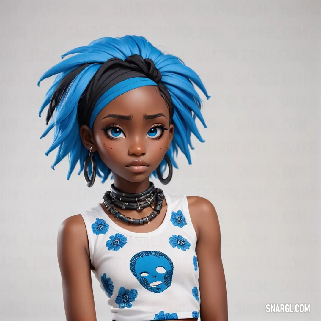 Doll with blue hair and a white top with a skull on it's chest and a black choker. Example of RGB 35,94,150 color.