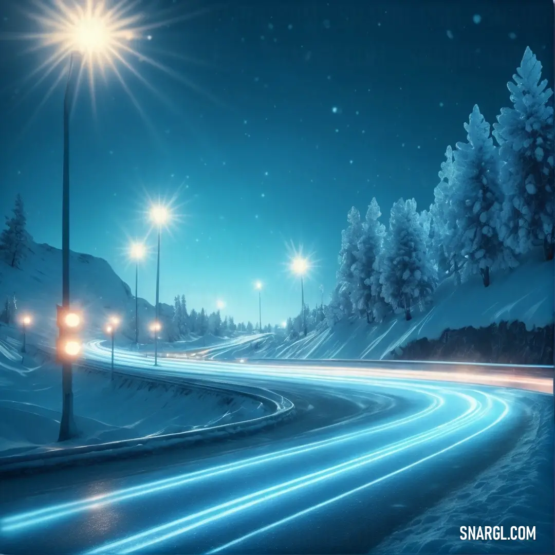 Night scene with a street light and a snowy road with trees and snow covered hills in the background. Example of CMYK 94,57,4,18 color.
