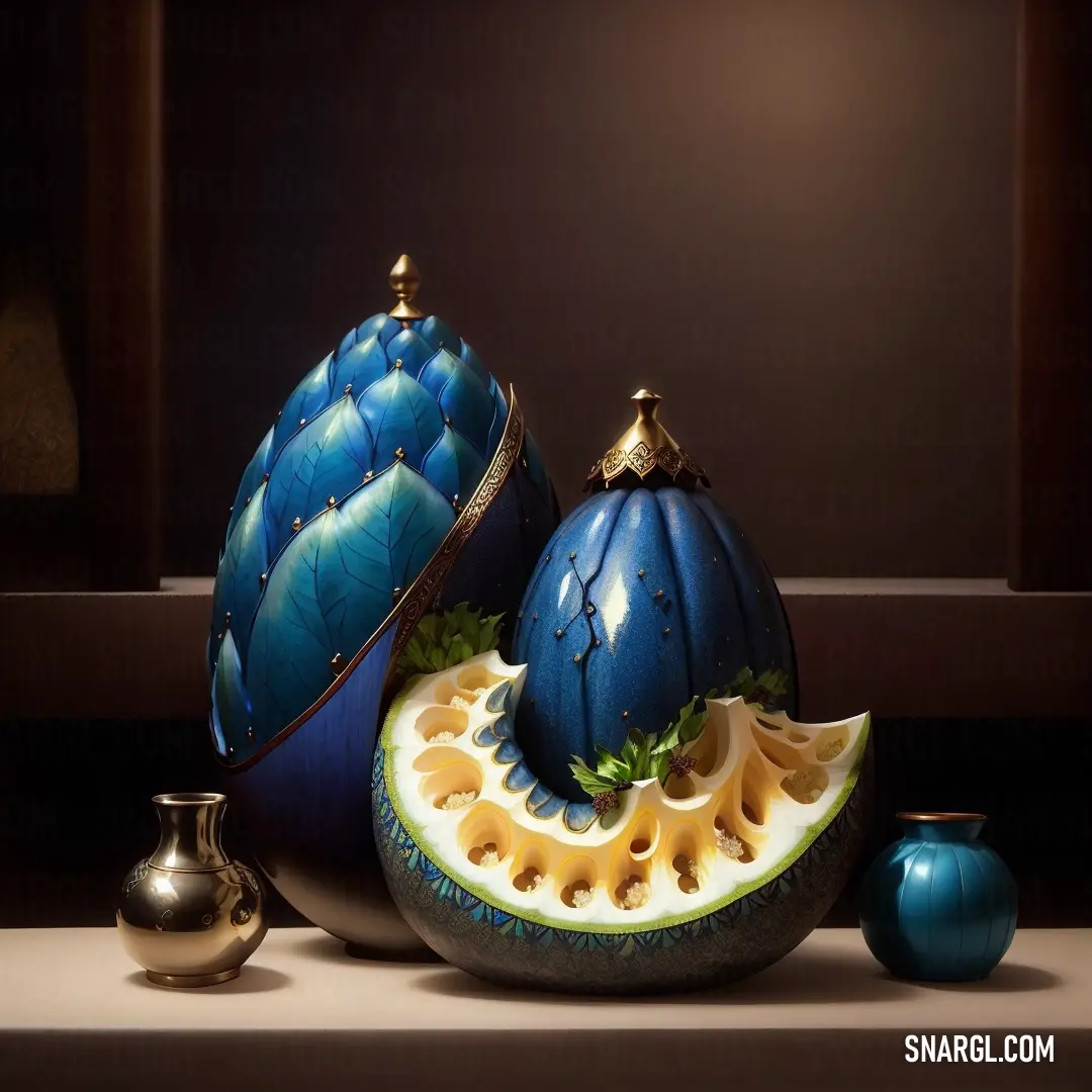 Painting of a blue fruit with a slice cut out of it and a vase with a blue flower. Color PANTONE 653.
