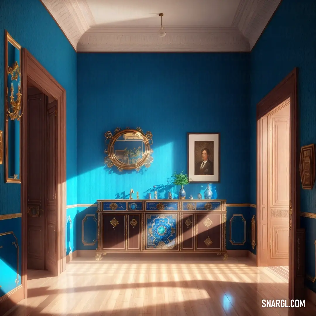 Room with a blue wall and a painting on the wall and a wooden floor and a wooden cabinet. Color PANTONE 653.
