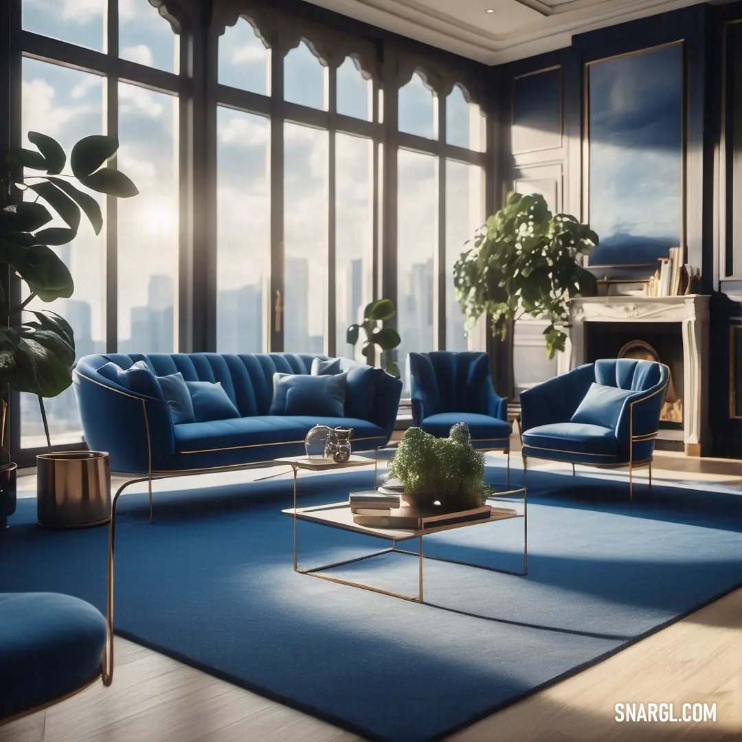 PANTONE 655 color example: Living room with a blue couch and a blue rug and a fireplace with a potted plant on it