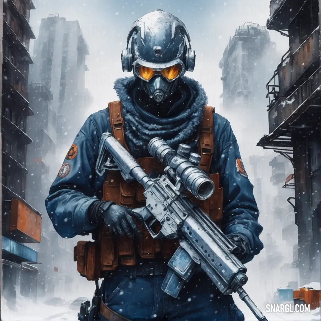 Man in a gas mask holding a gun in a snowy cityscape with buildings and buildings in the background. Example of CMYK 100,79,12,59 color.