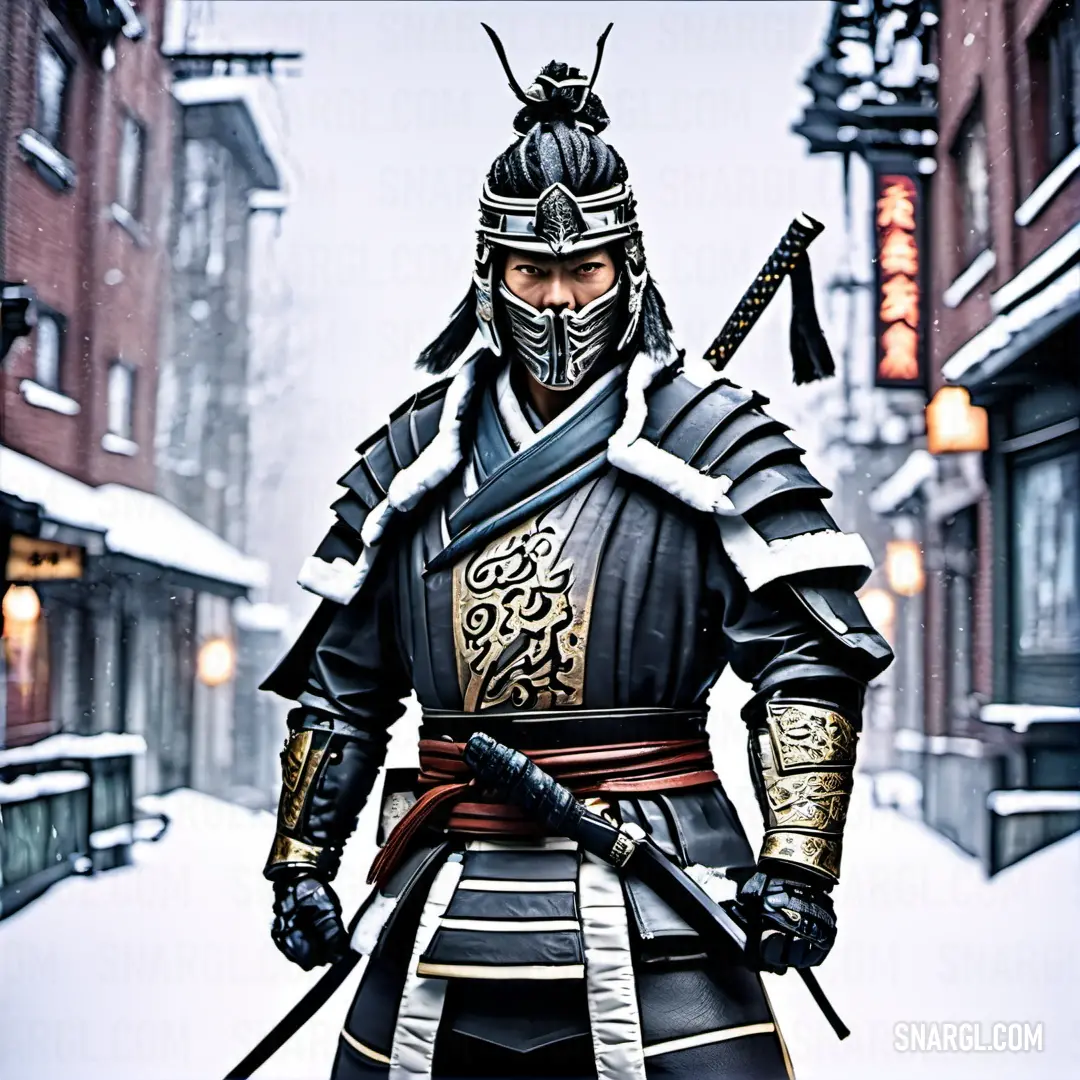 Man in a samurai costume standing in the snow with two swords in his hand and a helmet on. Example of PANTONE 655 color.