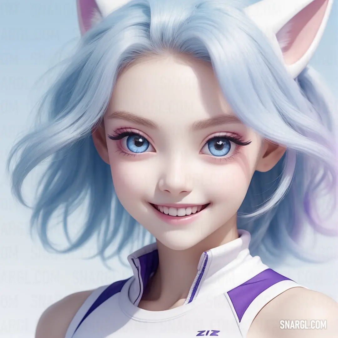 Digital painting of a girl with blue hair and a cat ears on her head and a white shirt. Example of RGB 223,232,242 color.