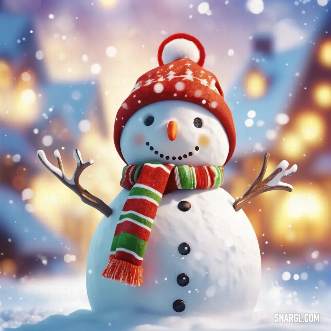 Snowman with a red hat and scarf on it's head and a red and green scarf on his neck. Color RGB 223,232,242.