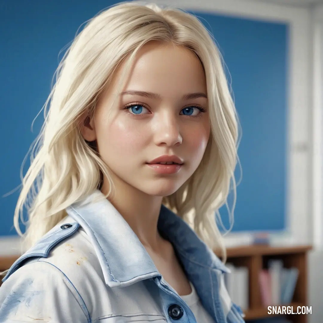 Blonde haired woman with blue eyes and a denim jacket on a blue background. Example of #C6D6EB color.
