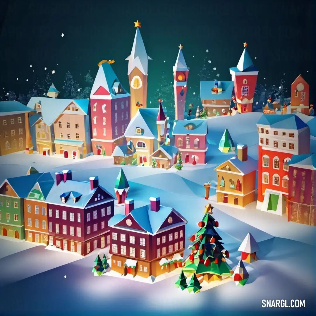 Christmas town with a clock tower and a snow covered hill with trees and buildings in the background. Color PANTONE 657.