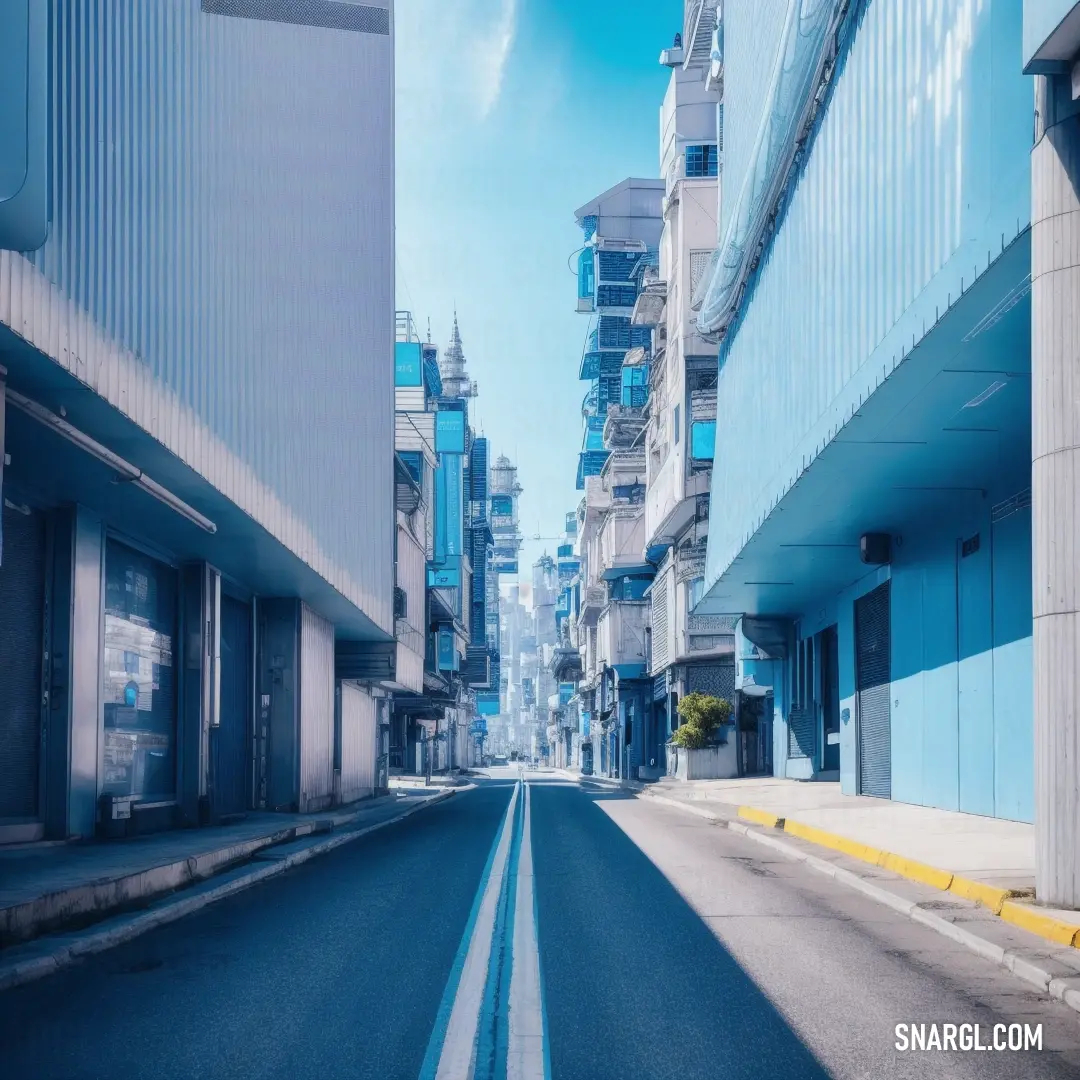 PANTONE 657 color. Street with buildings and a blue sky in the background