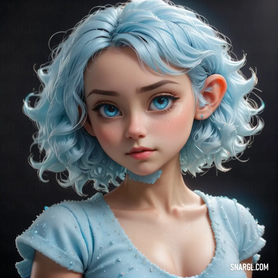 Doll with blue hair and a blue dress on a black background