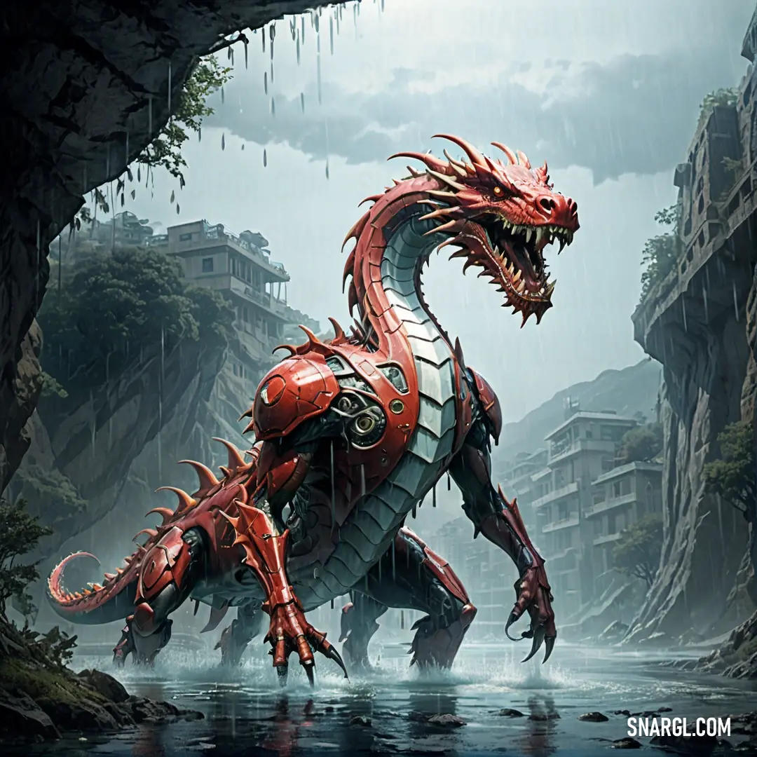 Red dragon is standing in the water near a cave and a building with a waterfall in the background. Example of RGB 169,196,227 color.